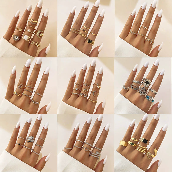 Wholesale Jewelry Flower Geometric Alloy Ring Multipiece Set For Women