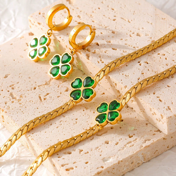 Wholesale Jewelry Four Leaf Clover Glass Stone Stainless Steel Earrings Necklace Bracelet Three Piece Set With Electroplating