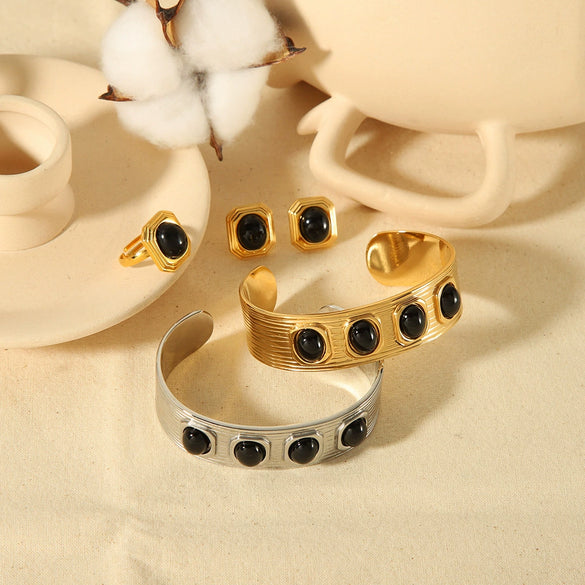 Wholesale Jewelry French Retro Geometric Stainless Steel Bracelet Ring Earrings With Electroplating For Women