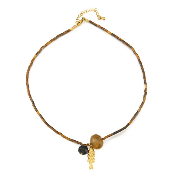 Wholesale Jewelry French Retro Handmade Geometric Tiger Eye Stone Black Agate Stainless Steel Titanium Steel Beaded Necklace With Koi Pendant For Women