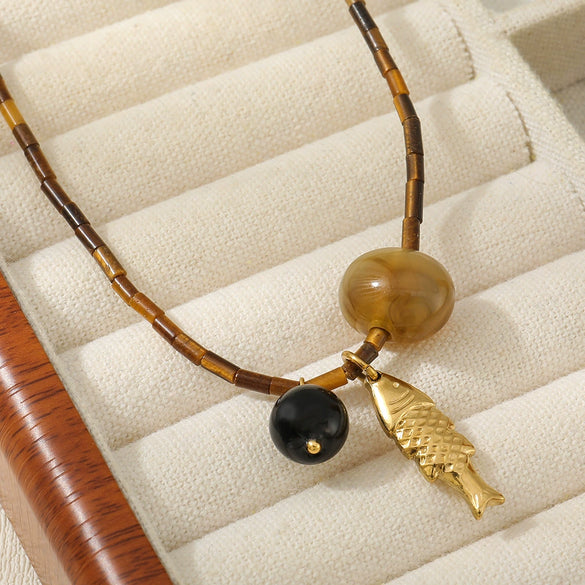 Wholesale Jewelry French Retro Handmade Geometric Tiger Eye Stone Black Agate Stainless Steel Titanium Steel Beaded Necklace With Koi Pendant For Women