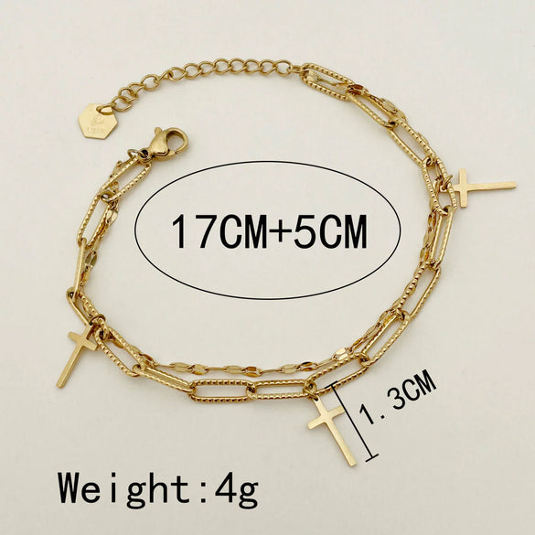 Wholesale Jewelry French Retro Style Cross Double Layer Stainless Steel Electroplated Bracelet