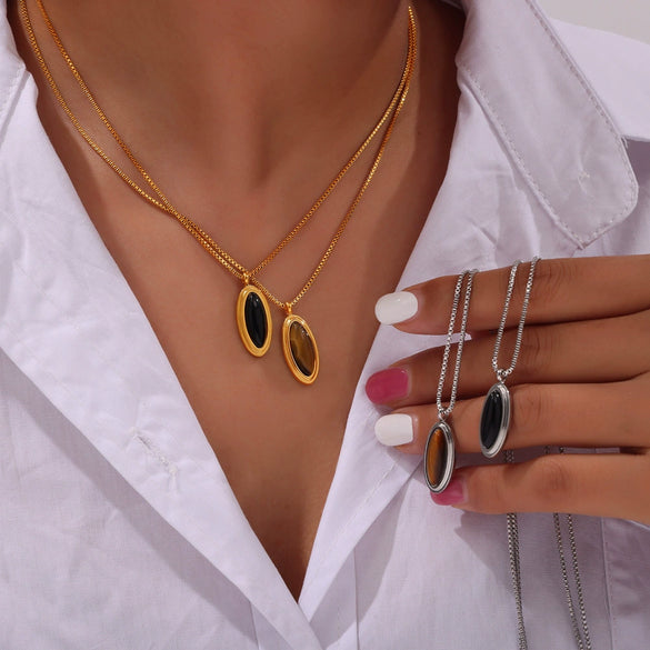 Wholesale Jewelry French Retro Vintage Tiger's Eye Pendant Diamond Shell Shape 316L Stainless Steel Necklace
