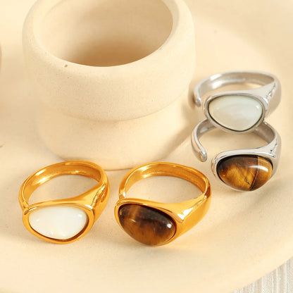 Wholesale Jewelry French Style Classic Style IG Style Oval 304 Stainless Steel Tiger Eye 18K Gold Plated Polishing Inlay Open Rings