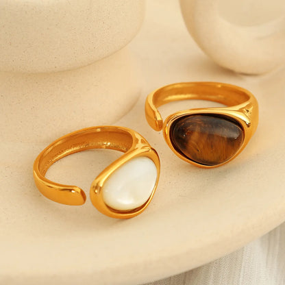 Wholesale Jewelry French Style Classic Style IG Style Oval 304 Stainless Steel Tiger Eye 18K Gold Plated Polishing Inlay Open Rings