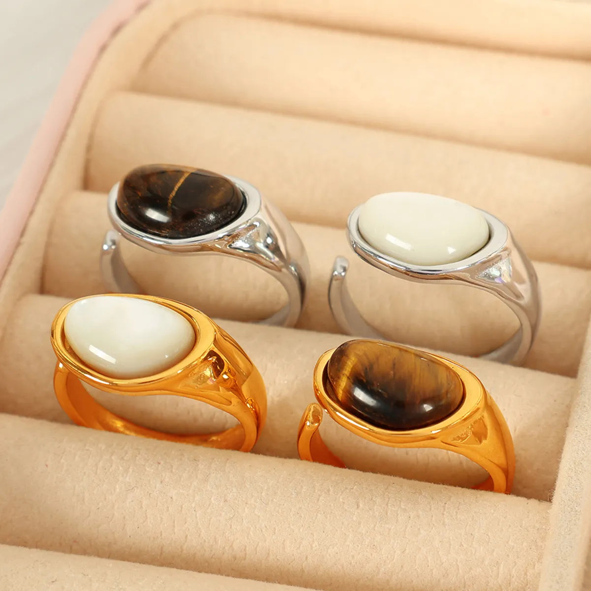 Wholesale Jewelry French Style Classic Style IG Style Oval 304 Stainless Steel Tiger Eye 18K Gold Plated Polishing Inlay Open Rings