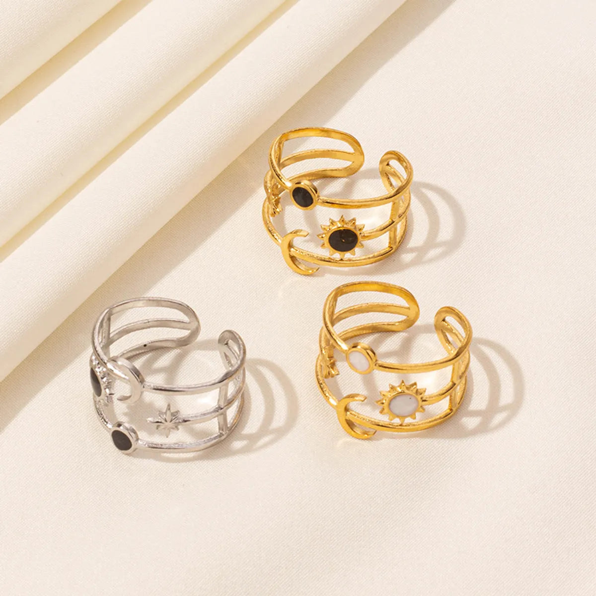 Wholesale Jewelry French Style Modern Style Geometric Sun Moon 304 Stainless Steel 18K Gold Plated Polishing Enamel Open Rings