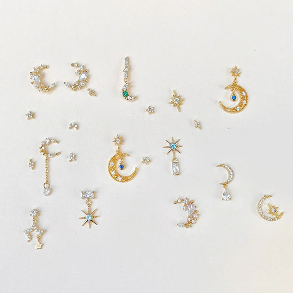 Wholesale Jewelry Fresh Style Star And Moon Pattern Zircon Butterfly Earrings Set With Copper 225 Silver Needle And Real Gold Plating
