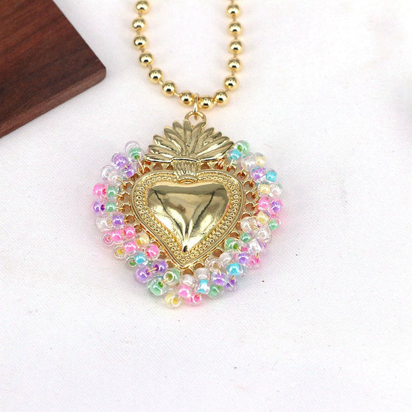 Wholesale Jewelry Fresh Sweet Style Copper Alloy Bead Wrapped Heart Shape Chain Necklace