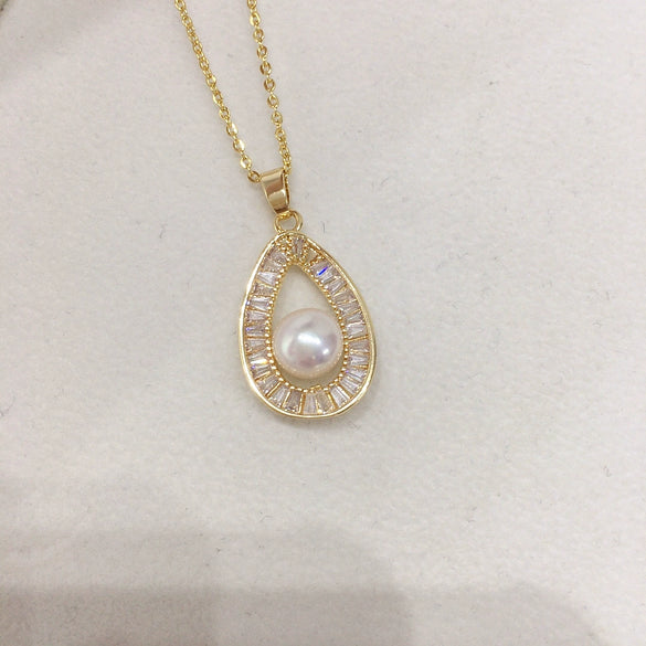 Wholesale Jewelry Freshwater Pearl Copper Pendant Dropshaped Round Minimalist Style