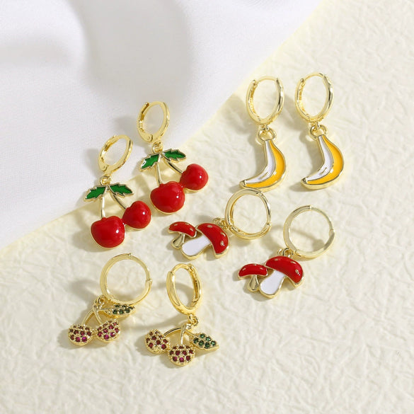 Wholesale Jewelry Fruit Cherry Copper 18K Gold Plated Earrings Unisex Simple Style