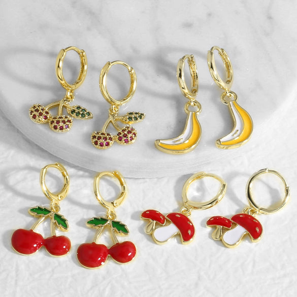 Wholesale Jewelry Fruit Cherry Copper 18K Gold Plated Earrings Unisex Simple Style