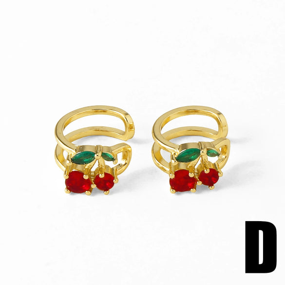 Wholesale Jewelry Fruit Cherry Insect Geometric Copper Goldplated Ear Clip Earrings