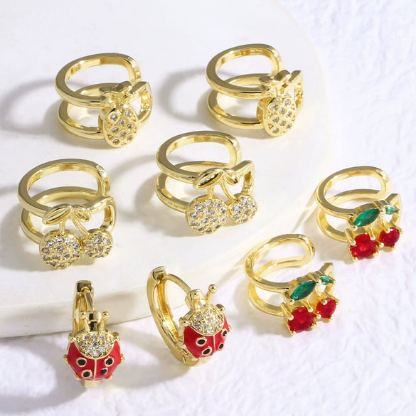 Wholesale Jewelry Fruit Cherry Insect Geometric Copper Goldplated Ear Clip Earrings