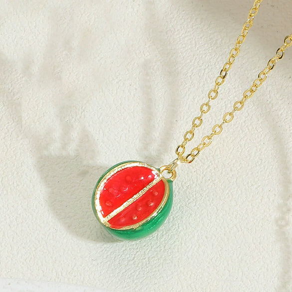 Wholesale Jewelry Fruit Style Copper Mixed Gem Inlay Watermelon Pendant Ochain Necklace For Women Electroplated
