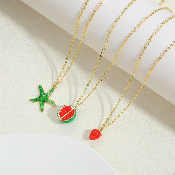 Wholesale Jewelry Fruit Style Copper Mixed Gem Inlay Watermelon Pendant Ochain Necklace For Women Electroplated