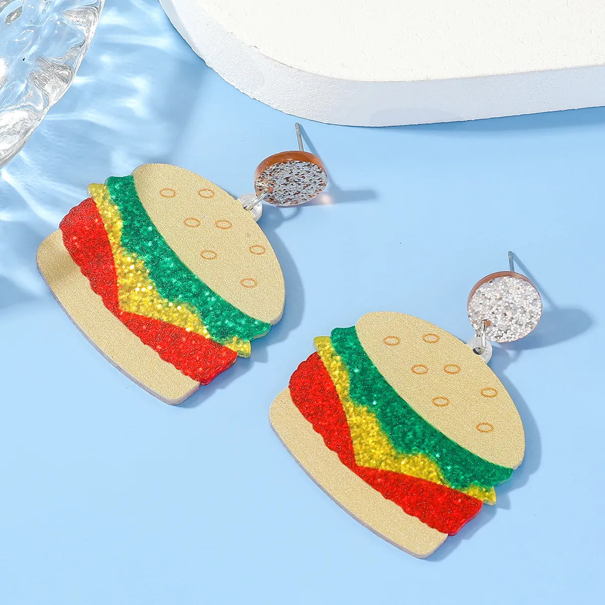 1 Pair Funny Hamburger Printing Arylic Drop Earrings