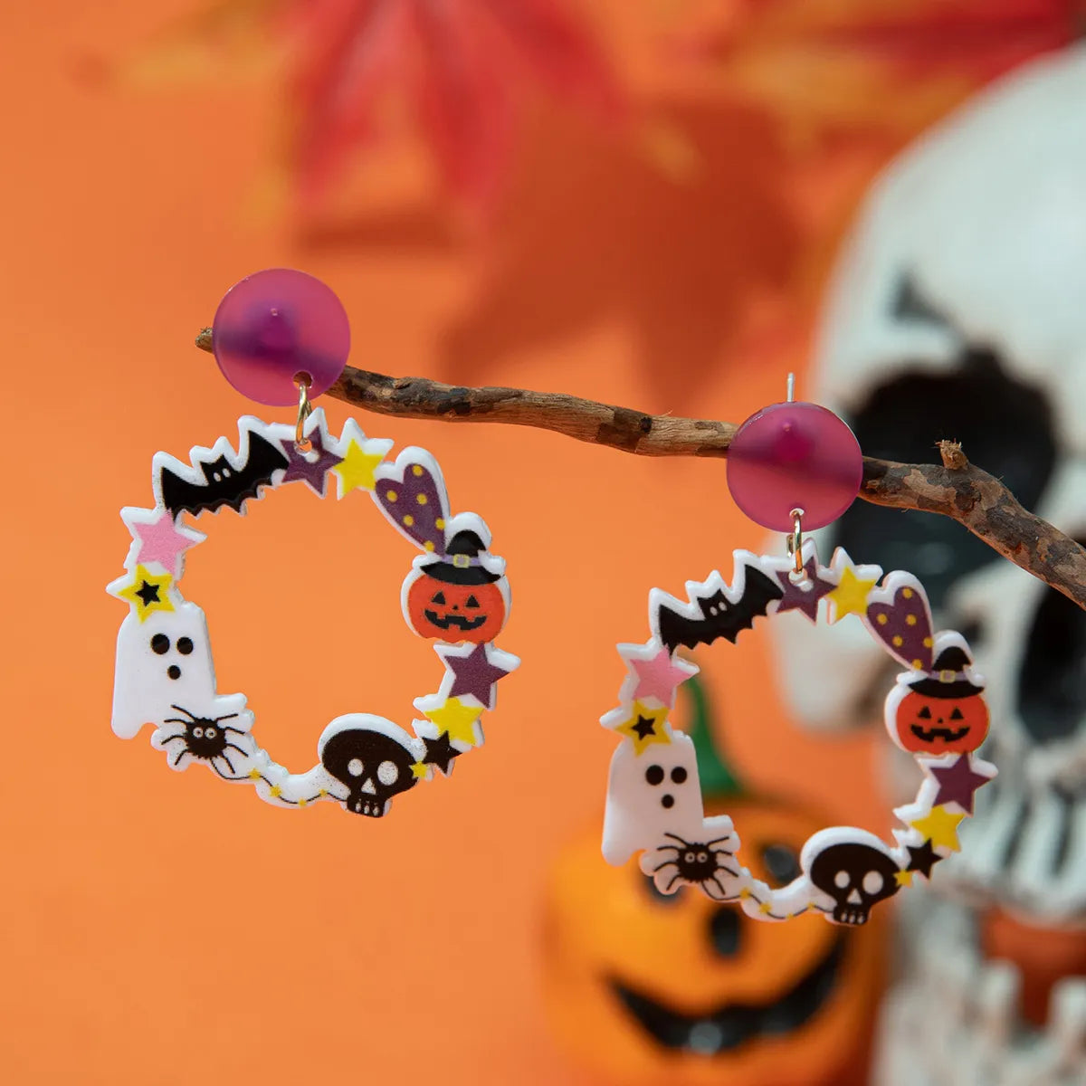 1 Pair Funny Pumpkin Wreath Skull Arylic Drop Earrings