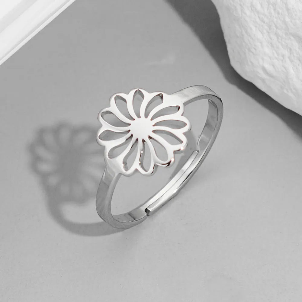 Wholesale Jewelry Funny Sweet Pastoral Flower Notes 201 Stainless Steel 18K Gold Plated Polishing Hollow Out Open Rings