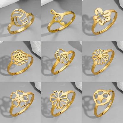 Wholesale Jewelry Funny Sweet Pastoral Flower Notes 201 Stainless Steel 18K Gold Plated Polishing Hollow Out Open Rings