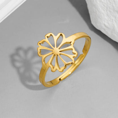 Wholesale Jewelry Funny Sweet Pastoral Flower Notes 201 Stainless Steel 18K Gold Plated Polishing Hollow Out Open Rings