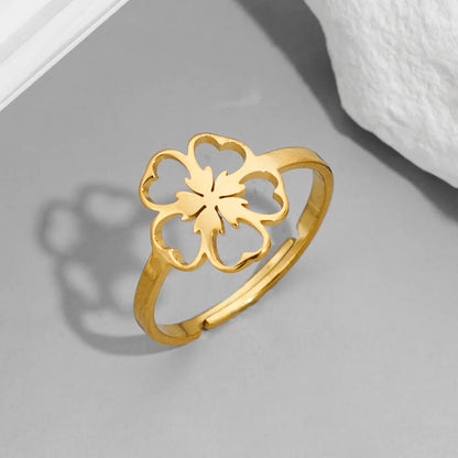 Wholesale Jewelry Funny Sweet Pastoral Flower Notes 201 Stainless Steel 18K Gold Plated Polishing Hollow Out Open Rings