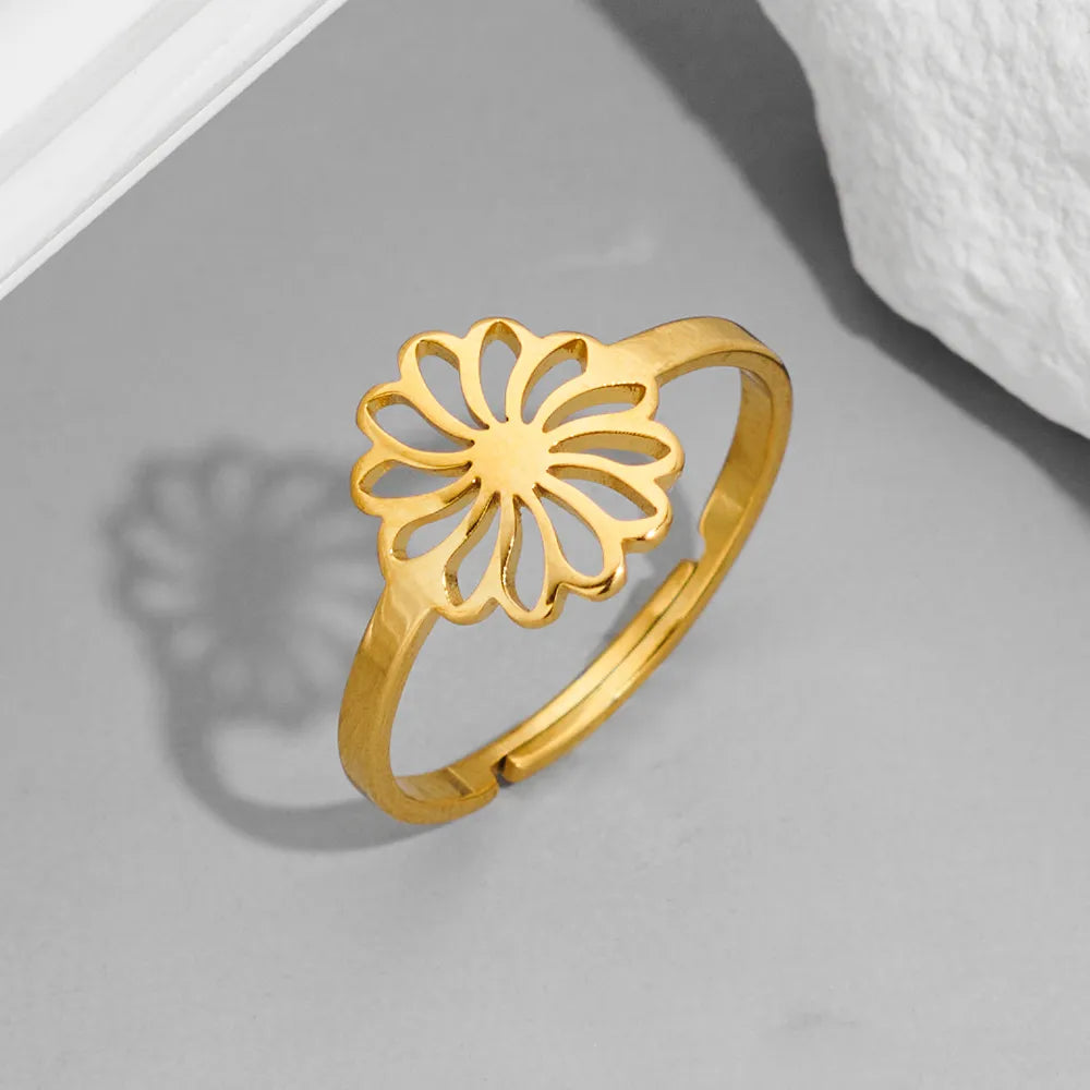 Wholesale Jewelry Funny Sweet Pastoral Flower Notes 201 Stainless Steel 18K Gold Plated Polishing Hollow Out Open Rings