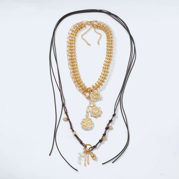 Wholesale Jewelry Geometric Animal Zodiac Imitation Pearl Pendant Zinc Alloy Electroplated Multilayer Badge Necklace For Ladies