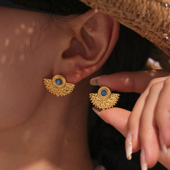 Wholesale Jewelry Geometric Blue Turquoise Stainless Steel Electroplated Fanshaped Earrings For Women