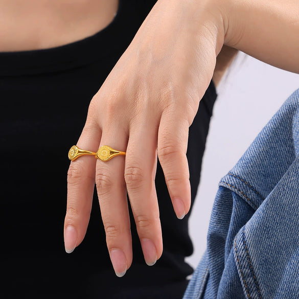 Wholesale Jewelry Geometric Carved Wreath Around The Sun 316L Stainless Steel Gold Plated Ring