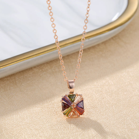 Wholesale Jewelry Geometric Clavicle Chain Tourmaline Colorful Artificial Zircon Rose Gold Plated Necklace