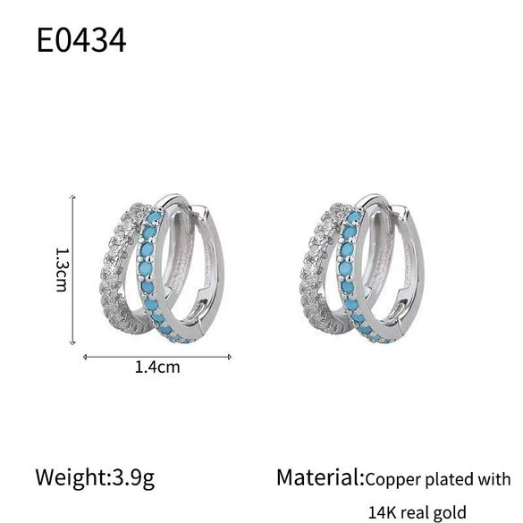 Wholesale Jewelry Geometric Copper Earrings With Klein Blue Zircon Electroplated 14K Gold Ear Needles For Women Retro Light Luxury Style