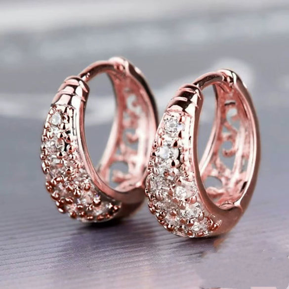 Wholesale Jewelry Geometric Copper Rose Gold Hollow Circle White Diamond Electroplated Earrings