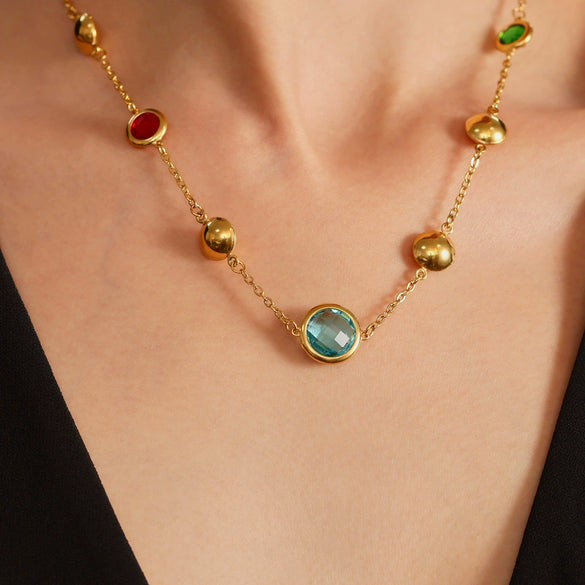Wholesale Jewelry Geometric Faceted Glass 316L Stainless Steel Electroplated Necklace For Women