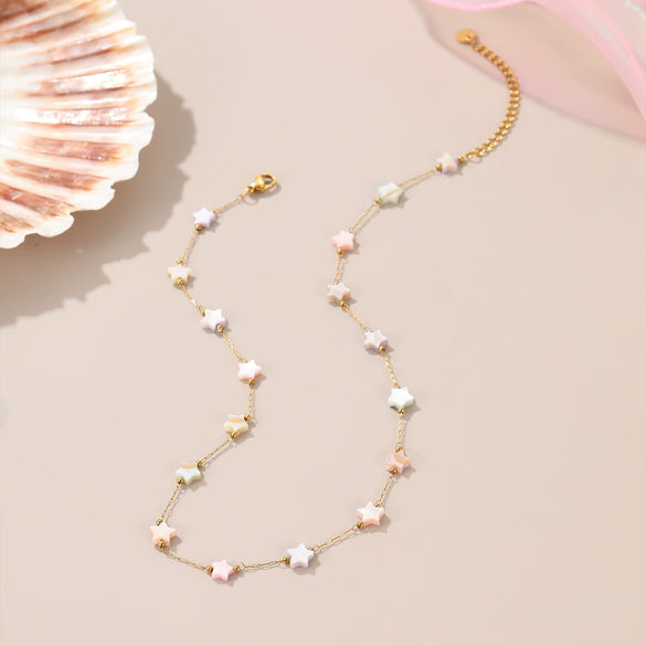 Wholesale Jewelry Geometric Fivepointed Star Motherofpearl Stainless Steel Electroplated Necklace And Bracelet For Women
