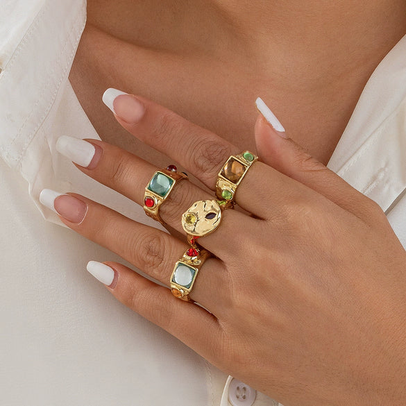 Wholesale Jewelry Geometric Gemstone Inlaid Alloy Ring With Electroplating Treatment For Women