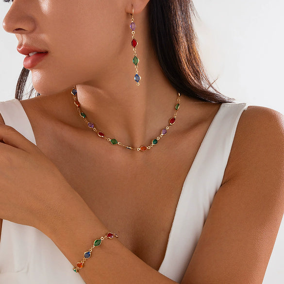 Wholesale Jewelry Geometric Metal Artificial Crystal Stacked Necklace And Earrings With Electroplating For Women