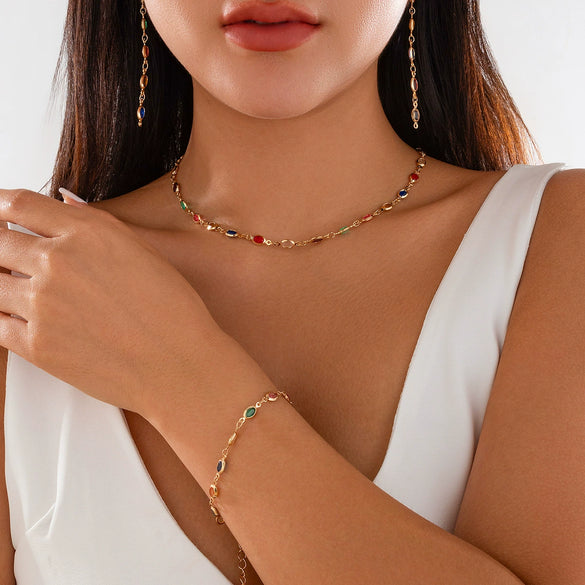 Wholesale Jewelry Geometric Metal Artificial Crystal Stacked Necklace And Earrings With Electroplating For Women