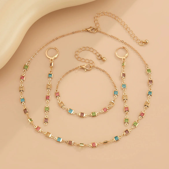 Wholesale Jewelry Geometric Metal Artificial Crystal Stacked Necklace And Earrings With Electroplating For Women