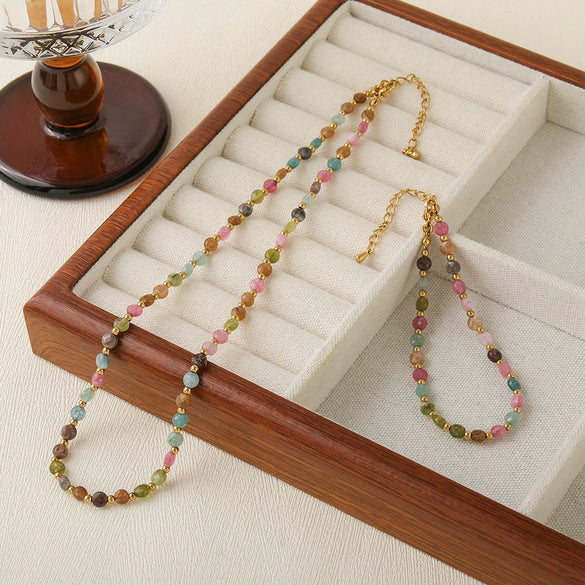 Wholesale Jewelry Geometric Natural Tourmaline And Stainless Steel Beaded Necklace With Electroplating For Women
