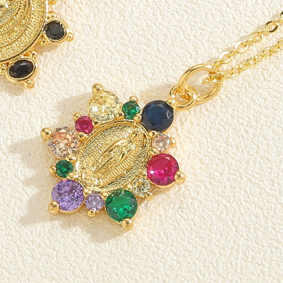 Wholesale Jewelry Geometric Round Copper Mixed Gem Inlay Electroplated Ochain Necklace For Women