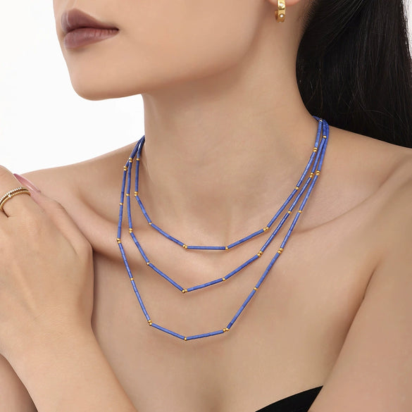 Wholesale Jewelry Geometric 316L Stainless Steel And Natural Lapis Lazuli Beaded Necklace 18K Gold Plated