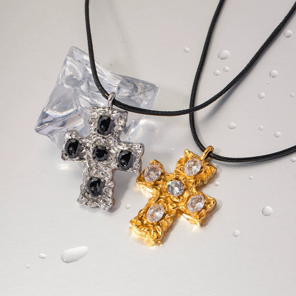 Wholesale Jewelry Geometric Stainless Steel And Wax Rope Cross Inlaid Zircon Electroplated Necklace For Women