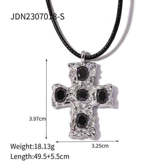 Wholesale Jewelry Geometric Stainless Steel And Wax Rope Cross Inlaid Zircon Electroplated Necklace For Women