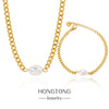 Wholesale Jewelry Geometric Stainless Steel Electroplated Pearl Clavicle Chain And Bracelet Two Piece Set Unisex