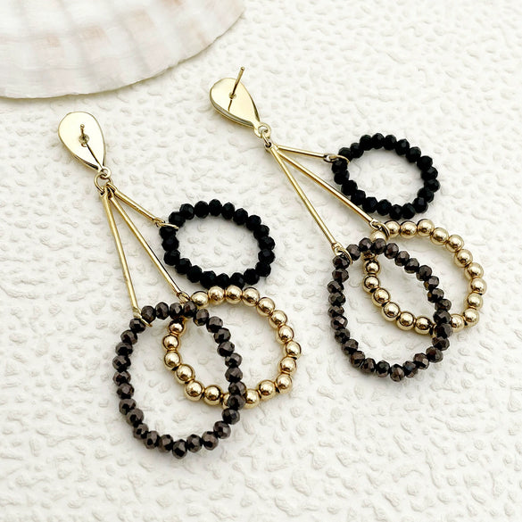 Wholesale Jewelry Geometric Stainless Steel Electroplated Ring And Earrings With Black Crystal And Gold Beads