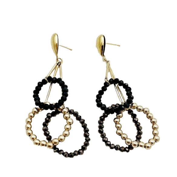 Wholesale Jewelry Geometric Stainless Steel Electroplated Ring And Earrings With Black Crystal And Gold Beads