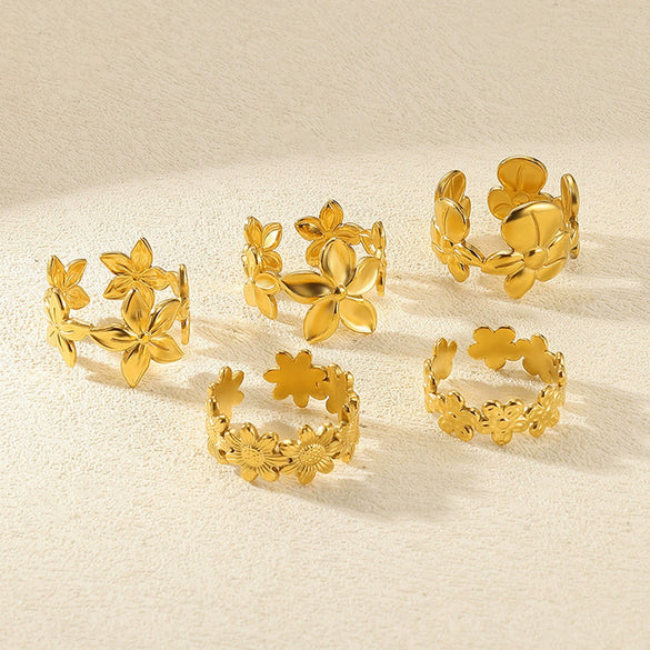 Wholesale Jewelry Geometric Stainless Steel Flower Ring 18K Goldplated