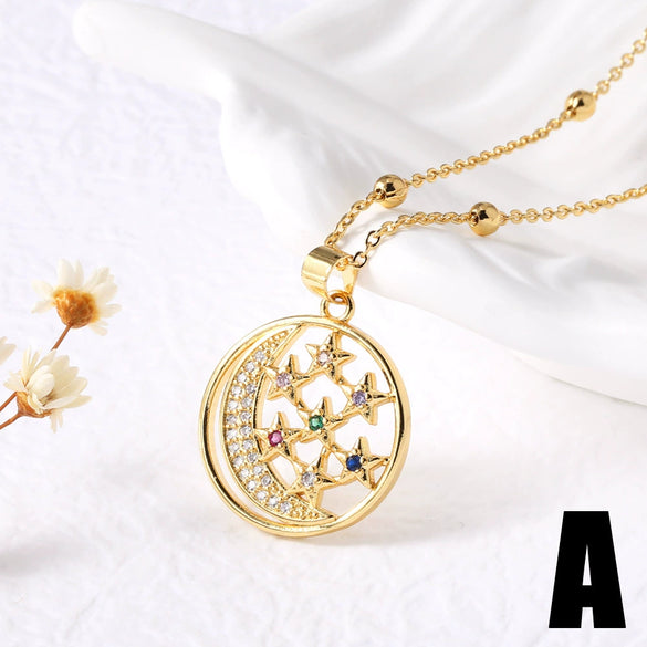 Wholesale Jewelry Geometric Star Moon Pendant Necklace Copper 18K Gold Plated