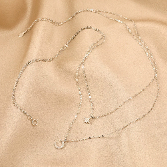 Wholesale Jewelry Geometric Style Double Layer Moon And Sixpoint Star 925 Sterling Silver Ochain Pendant Necklace For Women
